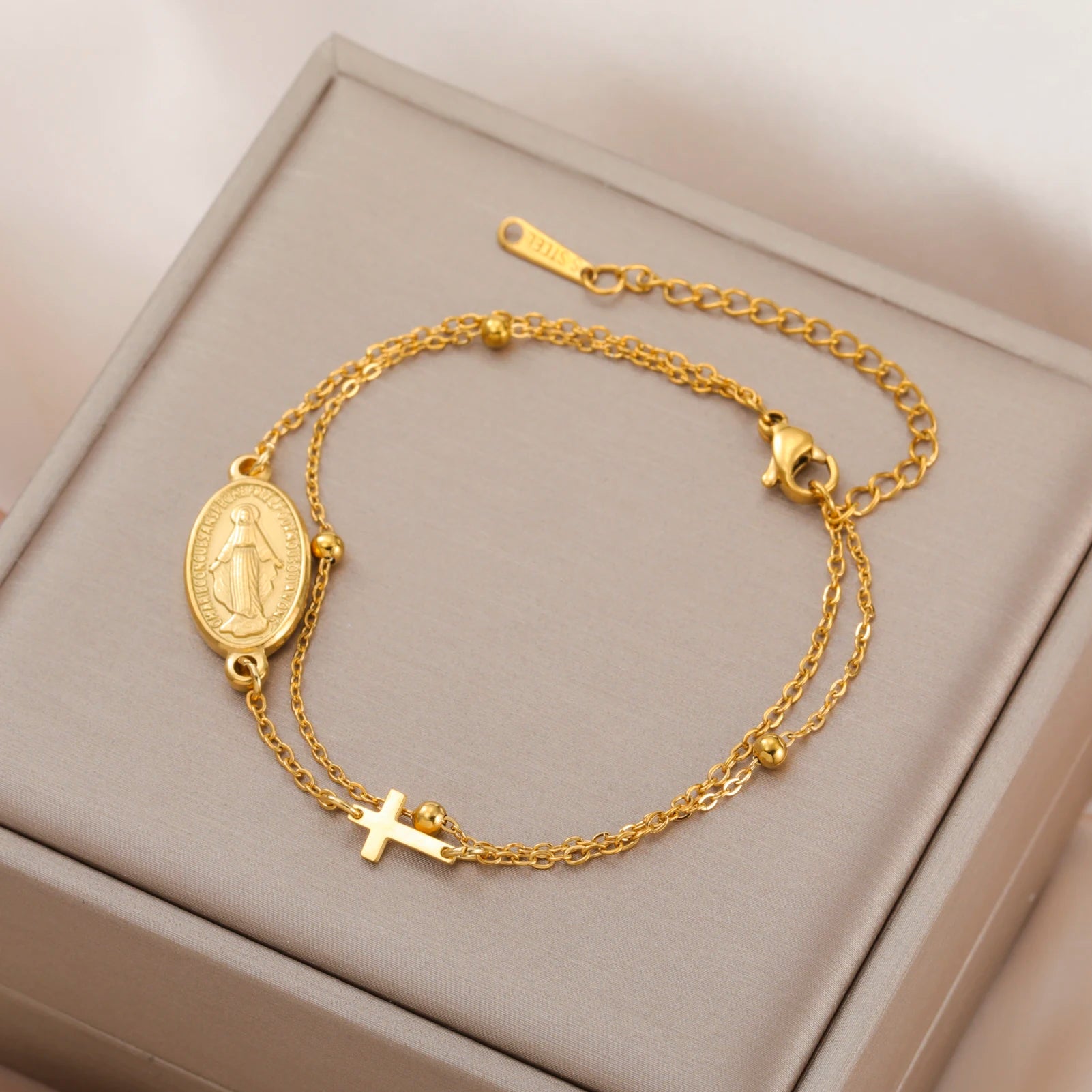 Lucktune Virgin Mary With Cross Pendant Bracelets Stainless Steel Bracelets For Women Religious Amulet girls catholic jewelry