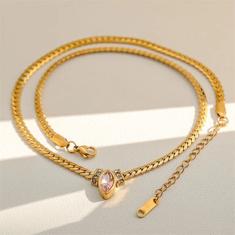 GANEMLY 316L Stainless Steel Snakehead Shining Zircon Necklace Trendy Neck Chain Choker Collar Waterproof Jewelry For Women