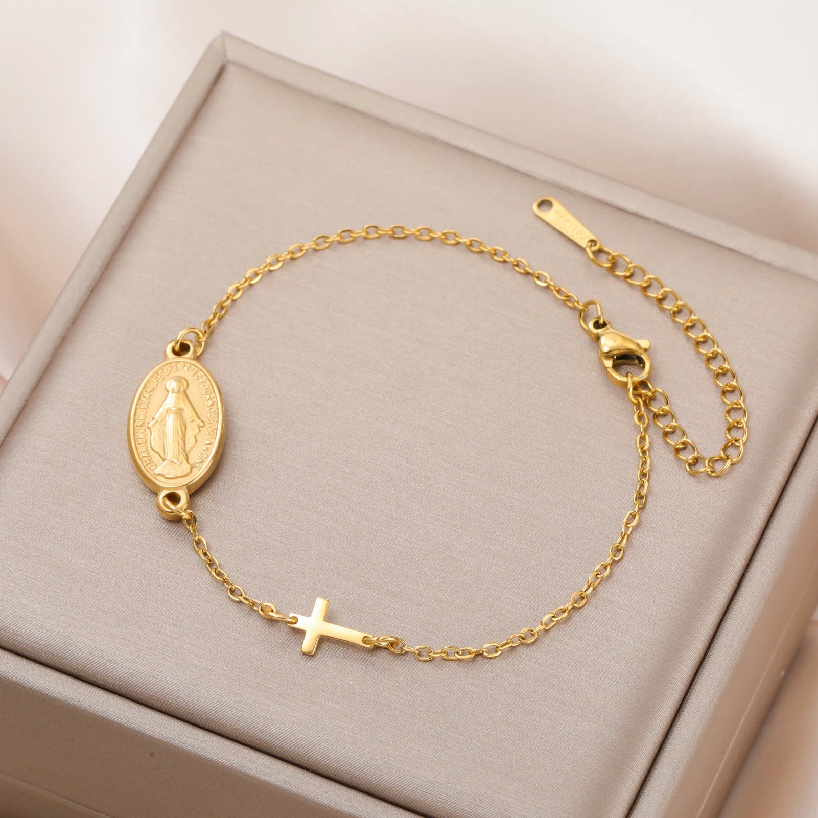 Lucktune Virgin Mary With Cross Pendant Bracelets Stainless Steel Bracelets For Women Religious Amulet girls catholic jewelry