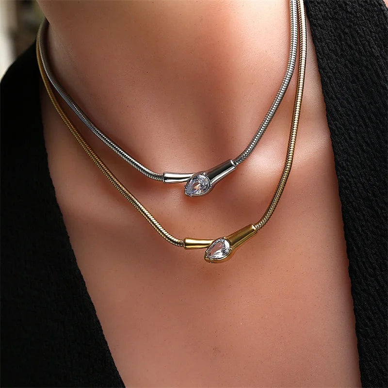 GANEMLY 316L Stainless Steel Snakehead Shining Zircon Necklace Trendy Neck Chain Choker Collar Waterproof Jewelry For Women