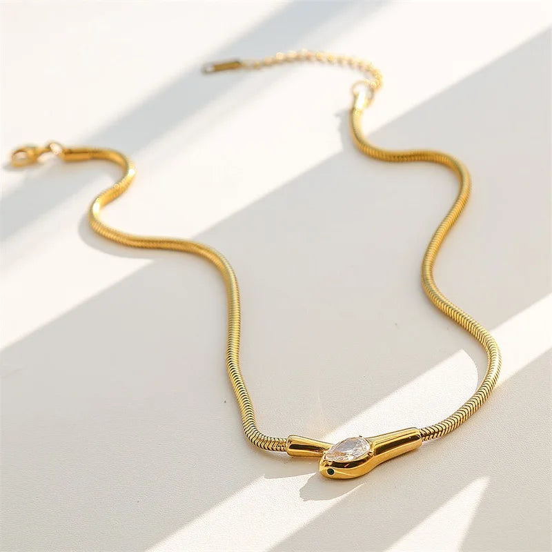 GANEMLY 316L Stainless Steel Snakehead Shining Zircon Necklace Trendy Neck Chain Choker Collar Waterproof Jewelry For Women