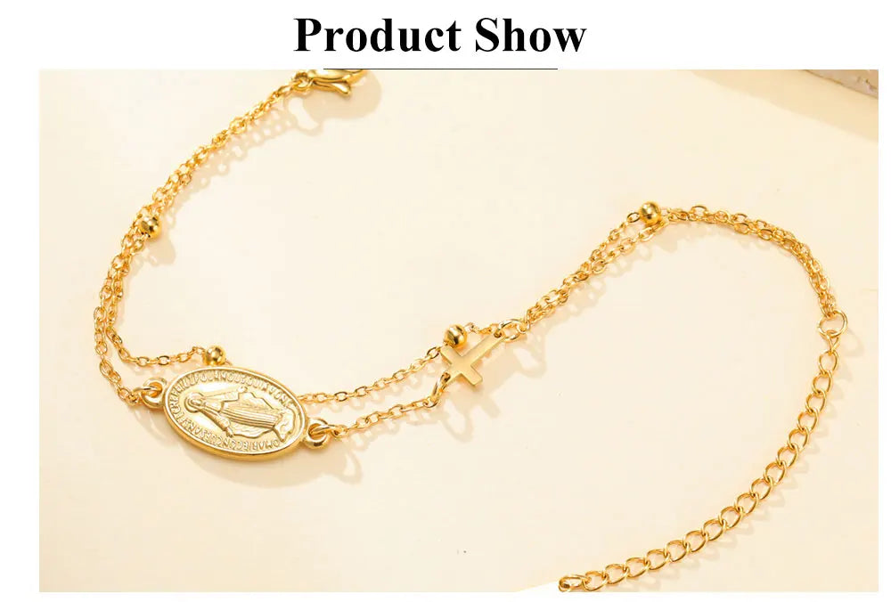 Lucktune Virgin Mary With Cross Pendant Bracelets Stainless Steel Bracelets For Women Religious Amulet girls catholic jewelry