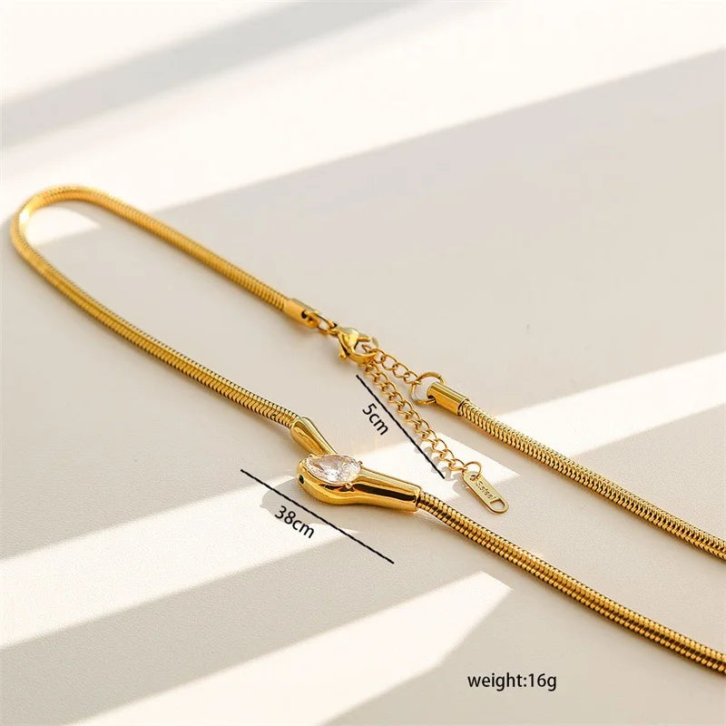 GANEMLY 316L Stainless Steel Snakehead Shining Zircon Necklace Trendy Neck Chain Choker Collar Waterproof Jewelry For Women