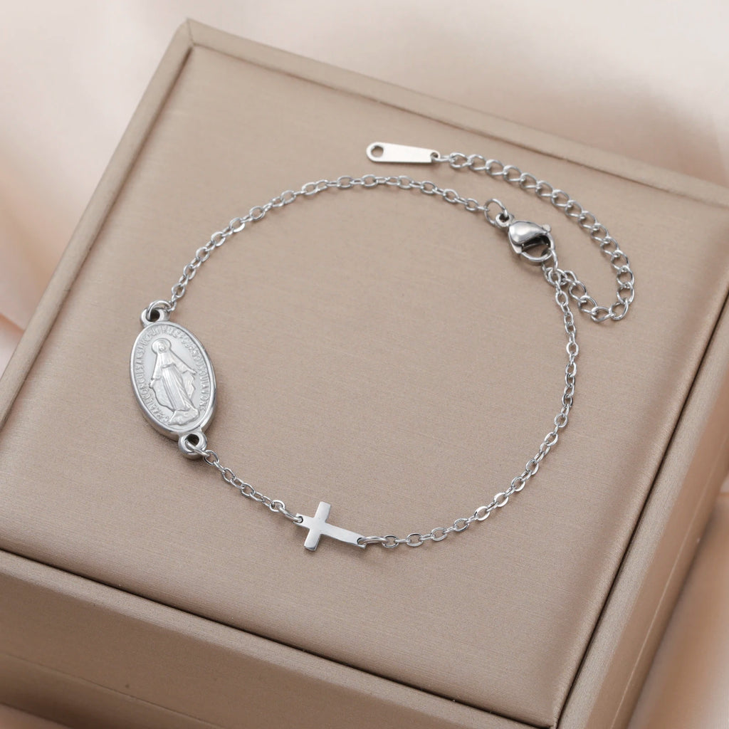 Lucktune Virgin Mary With Cross Pendant Bracelets Stainless Steel Bracelets For Women Religious Amulet girls catholic jewelry
