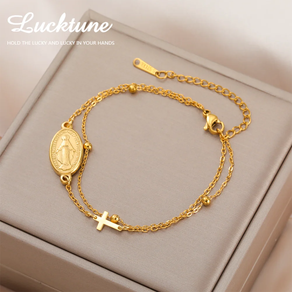 Lucktune Virgin Mary With Cross Pendant Bracelets Stainless Steel Bracelets For Women Religious Amulet girls catholic jewelry
