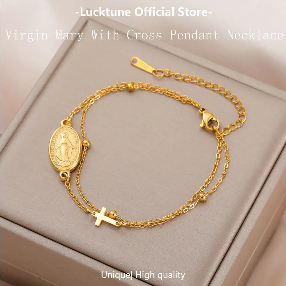 Lucktune Virgin Mary With Cross Pendant Bracelets Stainless Steel Bracelets For Women Religious Amulet girls catholic jewelry