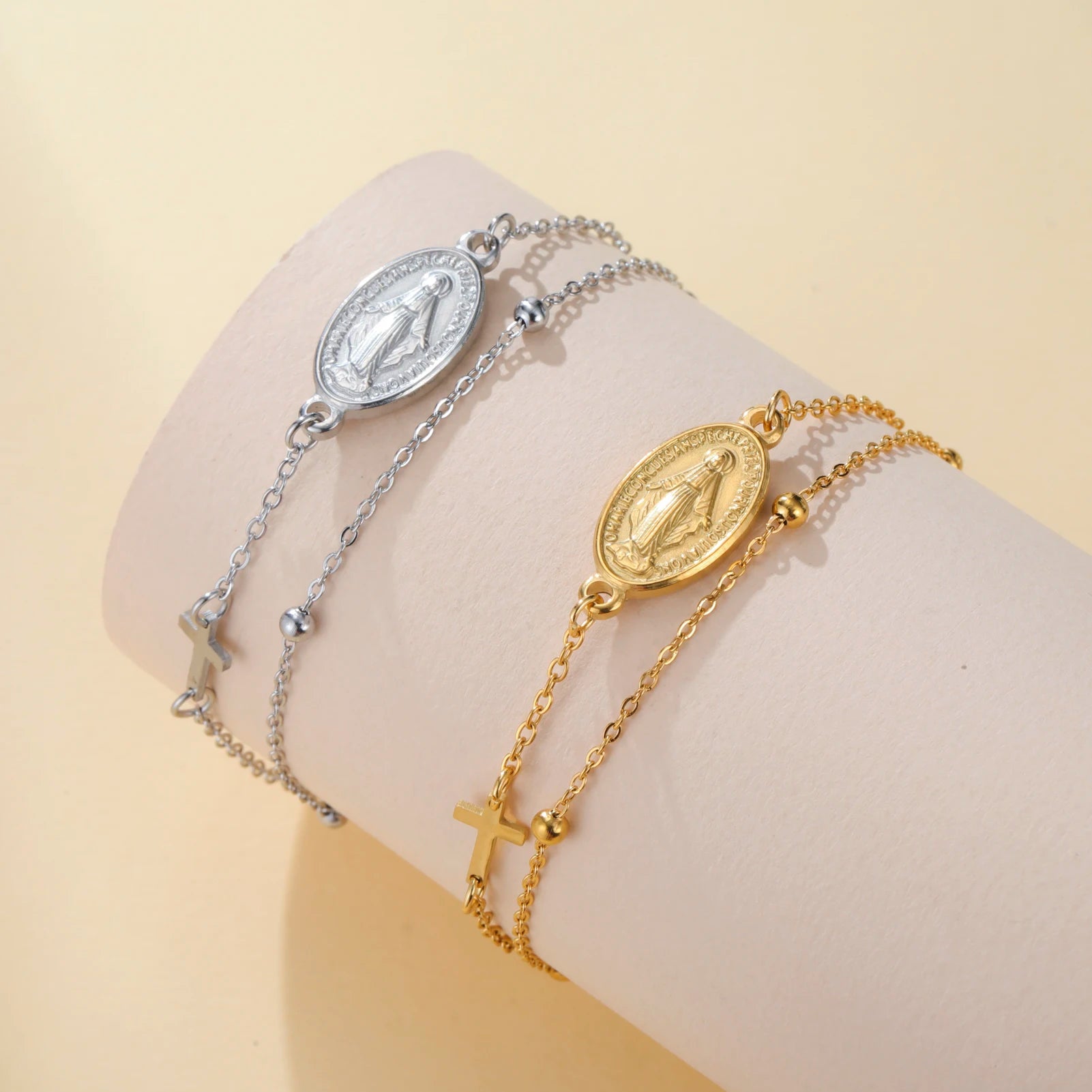 Lucktune Virgin Mary With Cross Pendant Bracelets Stainless Steel Bracelets For Women Religious Amulet girls catholic jewelry