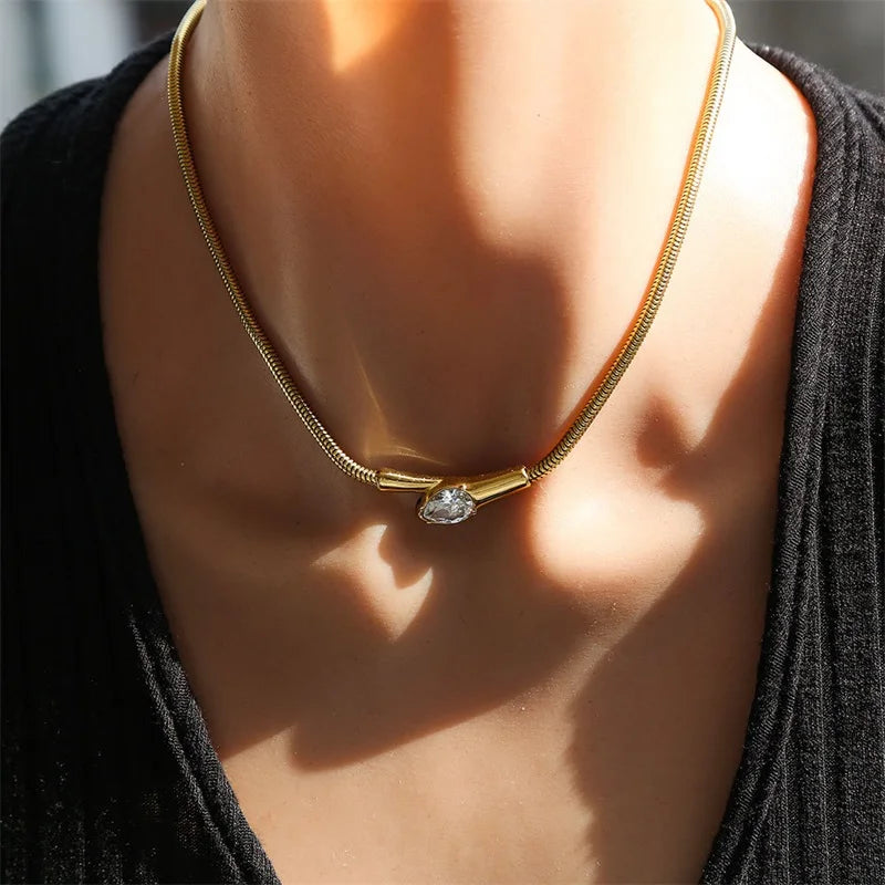 GANEMLY 316L Stainless Steel Snakehead Shining Zircon Necklace Trendy Neck Chain Choker Collar Waterproof Jewelry For Women