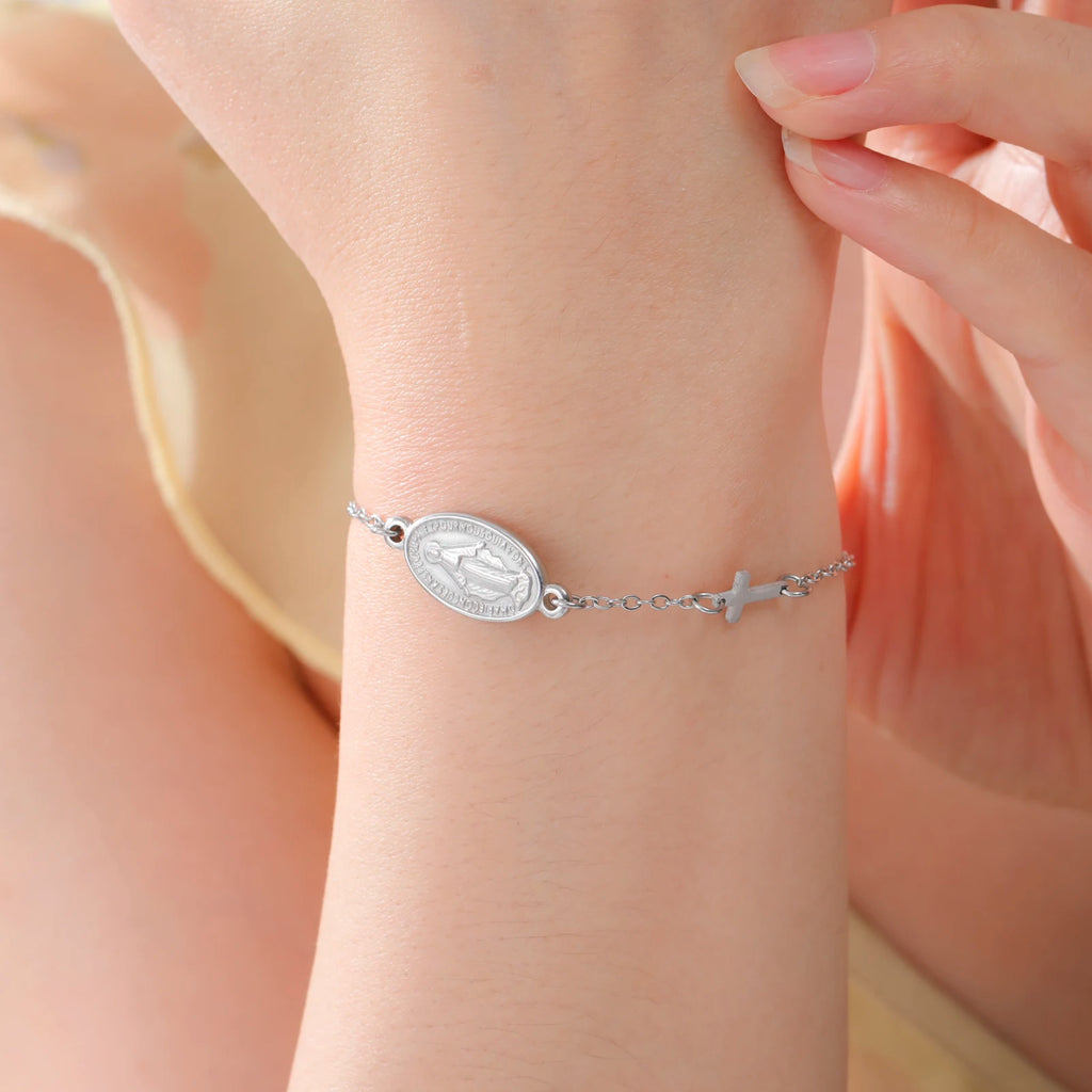 Lucktune Virgin Mary With Cross Pendant Bracelets Stainless Steel Bracelets For Women Religious Amulet girls catholic jewelry
