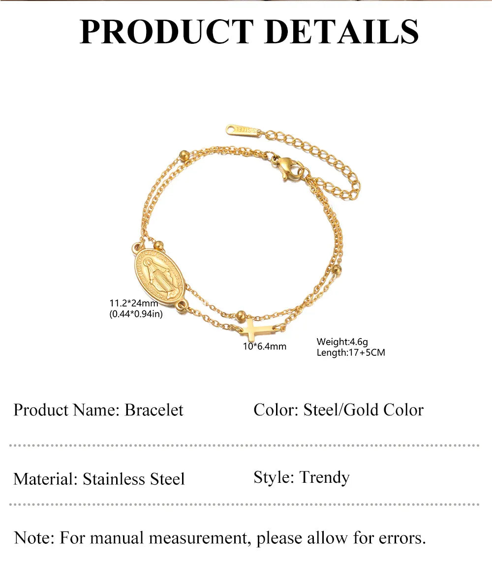 Lucktune Virgin Mary With Cross Pendant Bracelets Stainless Steel Bracelets For Women Religious Amulet girls catholic jewelry