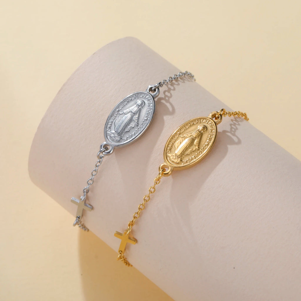 Lucktune Virgin Mary With Cross Pendant Bracelets Stainless Steel Bracelets For Women Religious Amulet girls catholic jewelry