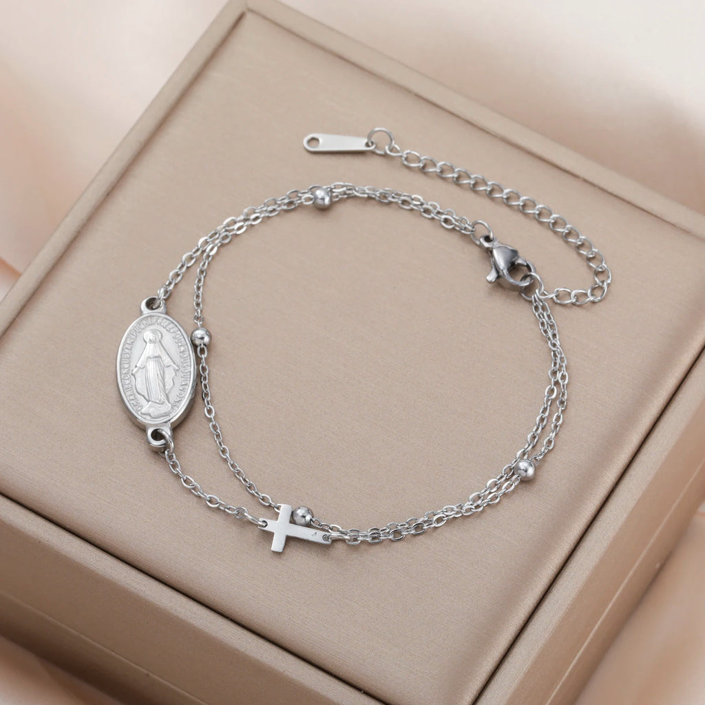 Lucktune Virgin Mary With Cross Pendant Bracelets Stainless Steel Bracelets For Women Religious Amulet girls catholic jewelry