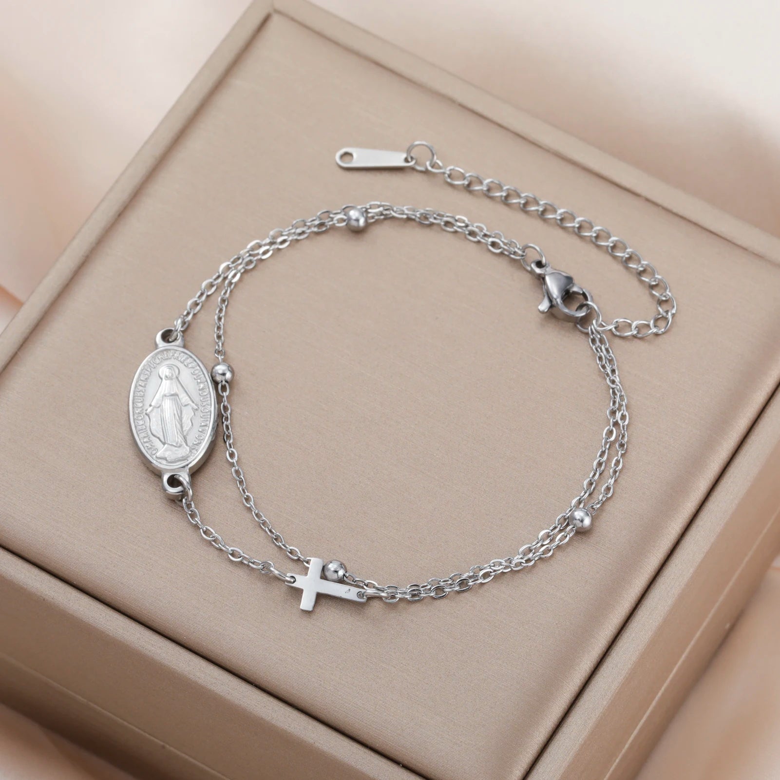 Lucktune Virgin Mary With Cross Pendant Bracelets Stainless Steel Bracelets For Women Religious Amulet girls catholic jewelry