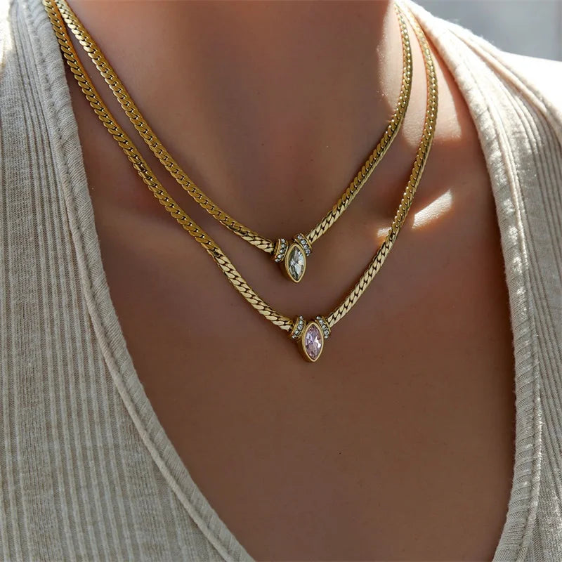 GANEMLY 316L Stainless Steel Snakehead Shining Zircon Necklace Trendy Neck Chain Choker Collar Waterproof Jewelry For Women