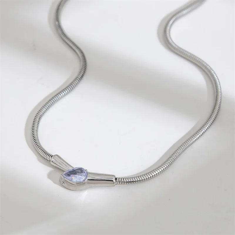 GANEMLY 316L Stainless Steel Snakehead Shining Zircon Necklace Trendy Neck Chain Choker Collar Waterproof Jewelry For Women