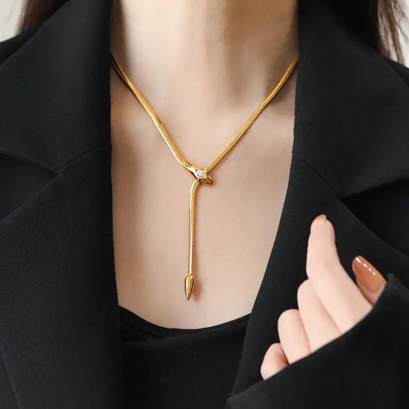 GANEMLY 316L Stainless Steel Snakehead Shining Zircon Necklace Trendy Neck Chain Choker Collar Waterproof Jewelry For Women