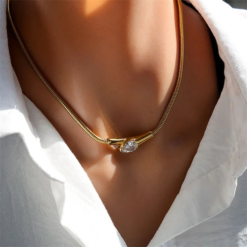GANEMLY 316L Stainless Steel Snakehead Shining Zircon Necklace Trendy Neck Chain Choker Collar Waterproof Jewelry For Women