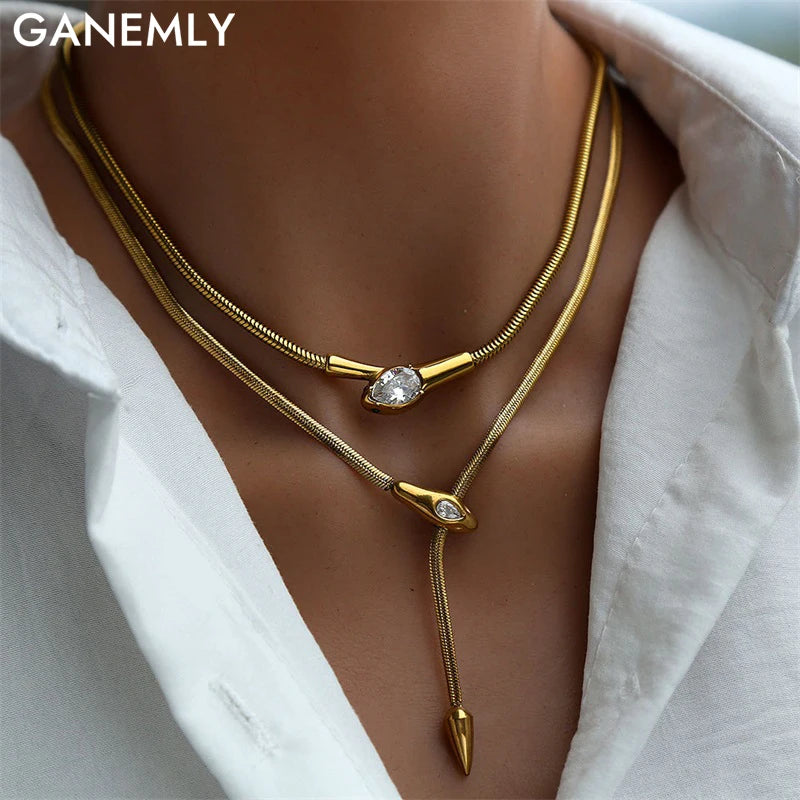 GANEMLY 316L Stainless Steel Snakehead Shining Zircon Necklace Trendy Neck Chain Choker Collar Waterproof Jewelry For Women