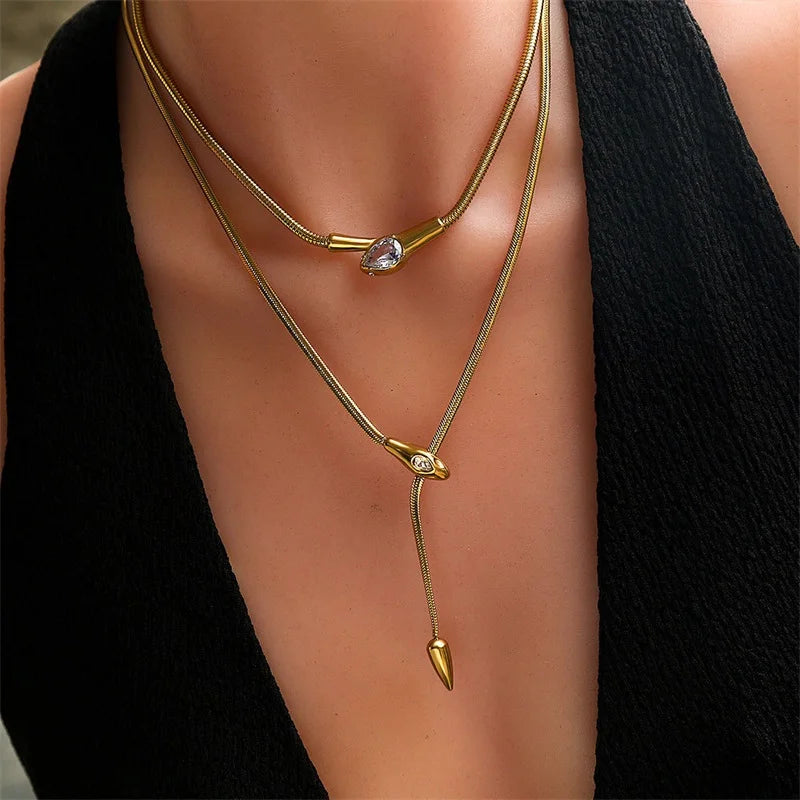 GANEMLY 316L Stainless Steel Snakehead Shining Zircon Necklace Trendy Neck Chain Choker Collar Waterproof Jewelry For Women